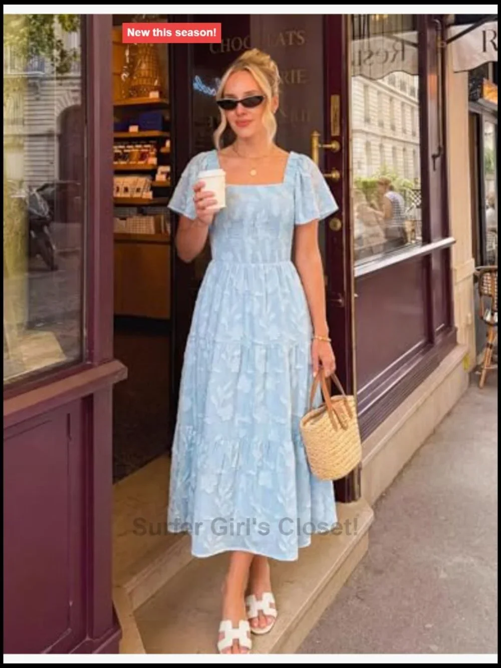 Boho Floral Midi Dress Square Neck Short Sleeve Flowy Wedding Guest Dress
